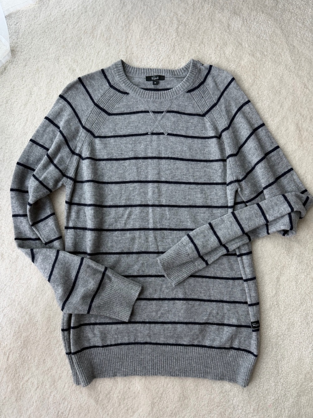 Rails Heather Gray Crewneck Wool Sweater with Navy Stripes